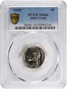 1939 Jefferson Nickel DDR FS-801 MS64 PCGS - Picture 1 of 4