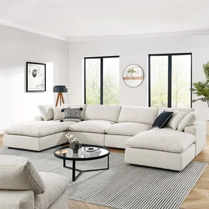 Commix6-Piece Down Filled Overstuffed Boucle Sectional Sofa in Ivory - Picture 1 of 6