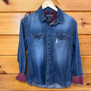 American Rag Camicia Uomo Piccola Blu Denim Plaid Shacked Snap Front - Foto 1 di 5