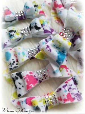 Colorful Hot Pink,Yellow,Lime Green,Blue,Purple,Black Paint Splattered Felt Bow - Image 1 of 3