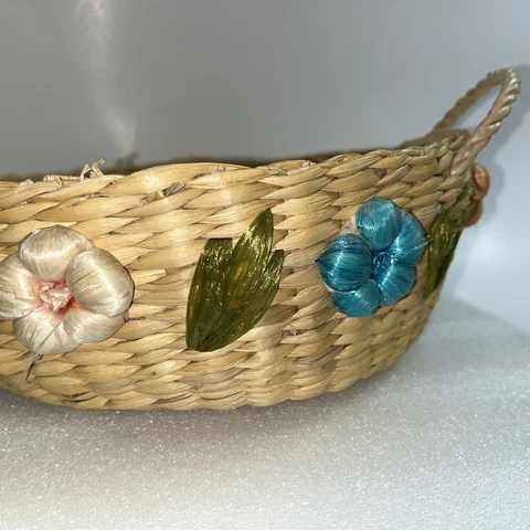 vintage Bread Basket Straw Blue White Yellow flowers Lined 10β x 4β Bohemian Dei Cover
