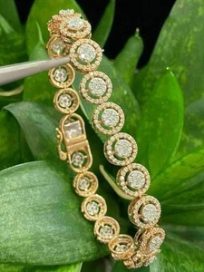 6 Ct Round Cut Lab Grown Diamond Halo Tennis Bracelet 14K Yellow Gold Over F VS1 - Picture 1 of 3
