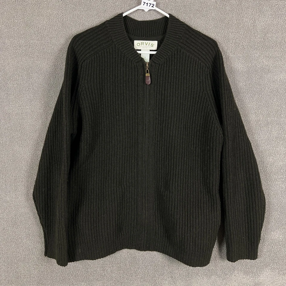 Orvis Sweater Mens Medium Dark Brown Full Zip Ribbed Lambswool Mock Neck Knit - Image 1 of 4