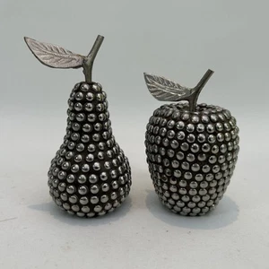Vintage Silver Tone Studded 1 Pear & 1 Apple Fruit Retro Ornament Home Decor MCM - Picture 1 of 6