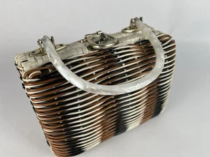 Vintage 50's 60's Vinyl Wicker Purse Handbag Hand Made in British Hong Kong - Picture 1 of 13