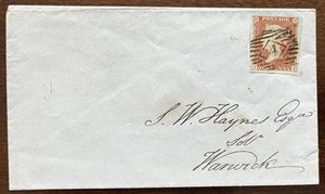 GB QV 1841 1d Red. SG.8. JI. FU 4 Margin Duplex Cancel On Tiny Cover To Warwick - Picture 1 of 3