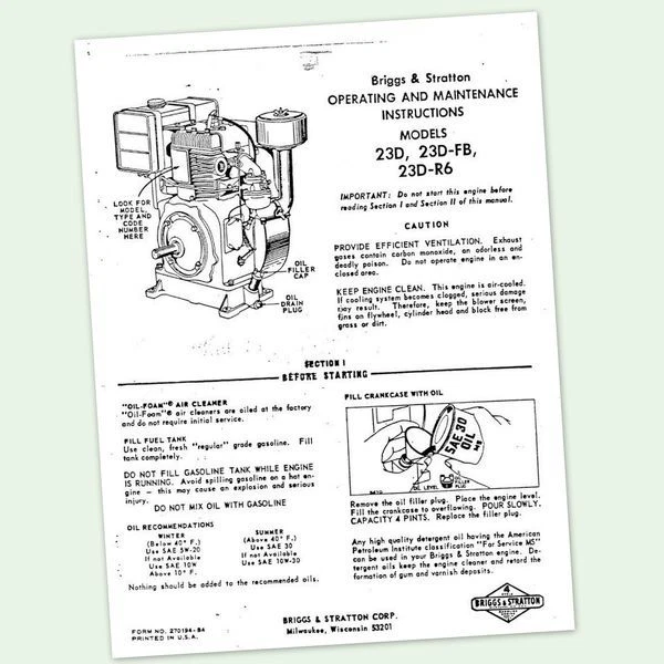 Briggs And Stratton Model 23D 23D-Fb Engine Owners Operators Maintenance Manual - Image 1 of 1