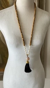 SUKI Wood+Baroque Pearl Bead Necklace w/Black Tassel Pendant 42” - Picture 1 of 4