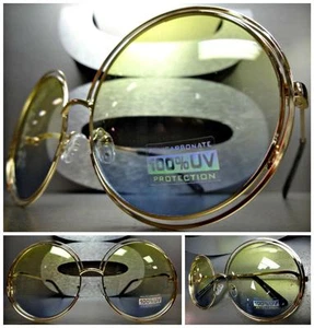 ÜBERTRIEBENE OVERSIZE VINTAGE Style SONNENBRILLE rund goldfarbenes Gestell gelb blaue Gläser - Bild 1 von 10
