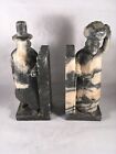 Pair Old Carved Black And White Alabaster Bookends Chinese Couple Bushy Fumanchu