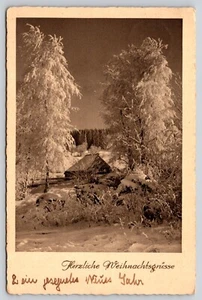 Postal Saludos de Navidad Cálidos Christmas Greetings Snowy Winter Scene - Imagen 1 de 2