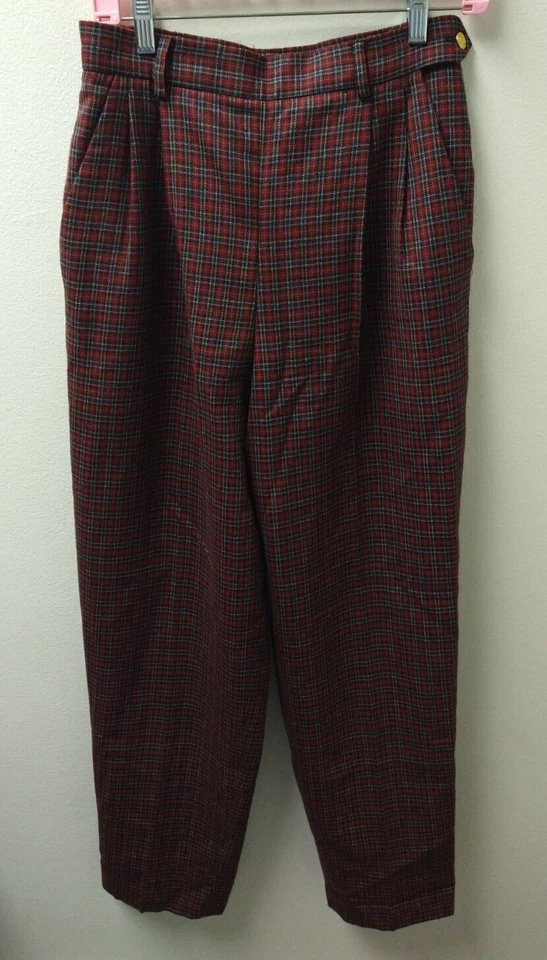 Vintage Liz Claiborne Wool Trousers Pants Womens 8 Red Plaid Pleated 28" Waist - Image 1 of 4