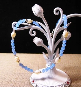 Bellissimo bracciale cavigliera argento sterling cristallo blu e perle F102 - Foto 1 di 3