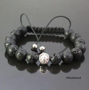 Pulsera mujer piedra lava negra perlas naturales Shamballa ajustable para mujer - Imagen 1 de 1