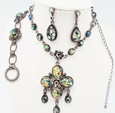 DESIGNER FAUX BLACK OPAL CRYSTAL NECKLACE EARRINGS BRACELET JEWELRY SET NEW - Image 1 of 4