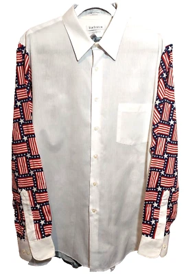 Patriotic American Flag Navy Eagle Satin Striped Button Shirt Mens Size 17 34/35 - Image 1 of 4