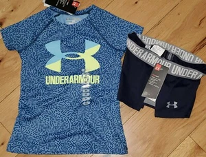 Under Armour blue printed big logo top & navy blue shorts NWT girls' XS YXS 6 6X - Picture 1 of 2