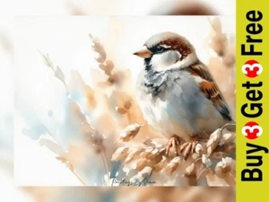 Serene Watercolor Sparrow Painting Print 5"x7" on Matte Paper - Picture 1 of 6