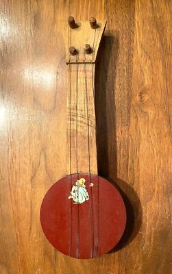 Antique Toy Banjo, Wood, Decal, Handmade, 4 Strings & Pegs - Image 1 of 4