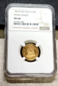 1867R XXI Italy Gold 10 Lire Papal States - MS68 - NGC - Finest Known - Picture 1 of 4