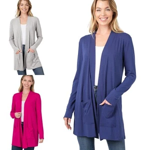 Women's Open Front Long Sleeve Hip Length Long Cardigan Slouchy Side Pockets - Picture 1 of 16