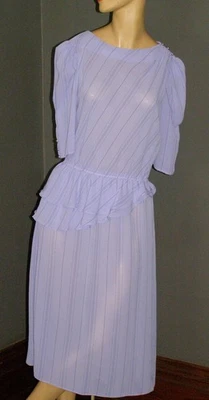 Vintage 80's semi sheer LAVENDER pinstriped dress L XL PEPLUM waist puff sleeves - Image 1 of 4