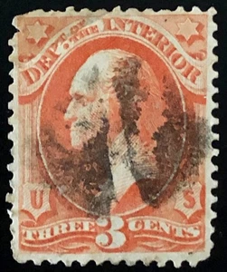US 1879 #O98 Vermilion 3c Interior Dept Official Fancy Cancel Creased Used - Picture 1 of 3