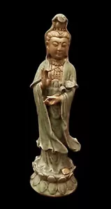 YUAN DYNASTY GUANYIN ANTIQUE LONGQUAN CELADON GOLD BUDDHA CHINESE BODHISATTVA CN - Picture 1 of 19