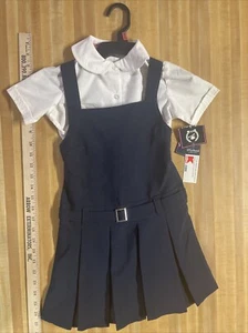Girls R/K Navy Bib Front Jumper Dress W/T Kick Pleat Reg 4/5 With White Shirt - Picture 1 of 8