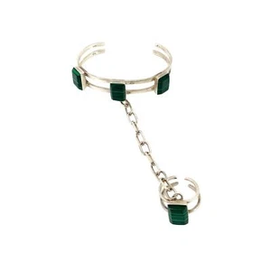 Signed 925 Sterling Silver Facet Malachite Slave Bracelet Ring Hand Chain size 7 - Picture 1 of 9