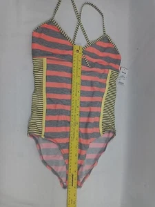 Joe Boxer Girls Orange/gray/yellow Striped 1 Piece Swim Suit UPF 40  Sz 16 NWT - Picture 1 of 9