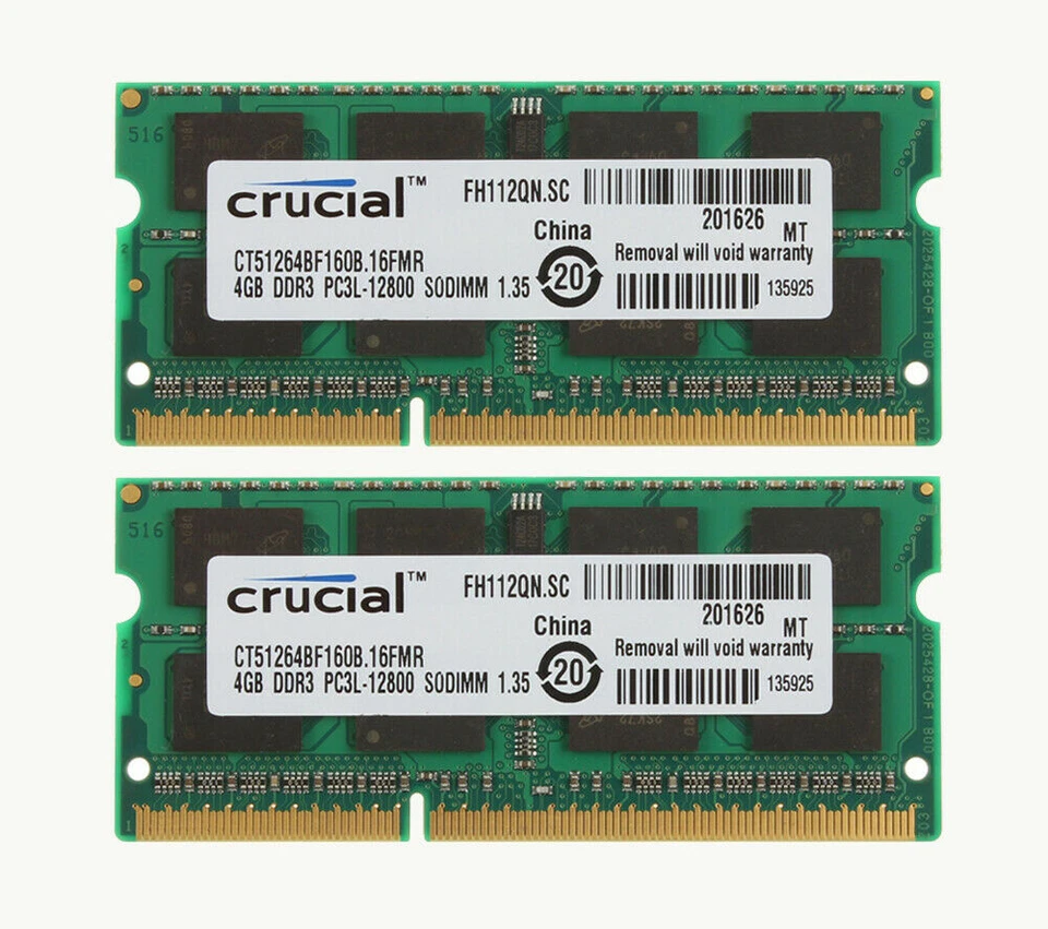 Crucial 8GB 2x4GB 2Rx8 PC3L-12800S DDR3 1600Mhz Memory SO-DIMM Laptop RAM 4GB - Image 1 of 4