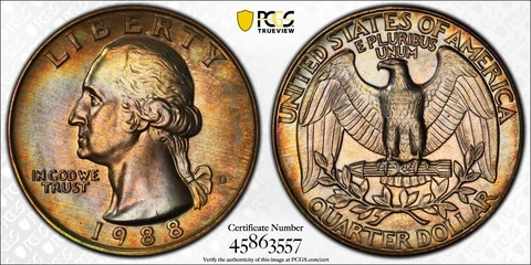 MS65 1988-D 25C Washington Quarter, PCGS Secure- Rainbow Album Toned Cover