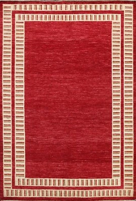 Bordered Modern Gabbeh Oriental Area Rug Living Room Hand-knotted RED Wool 7'x8' - Image 1 of 4