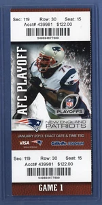 Boleto completo 2012 2013 New England Patriots vs Houston Texans Div Playoff casi nuevo/como nuevo - Imagen 1 de 2
