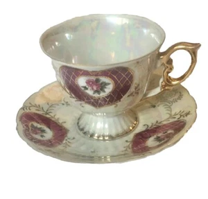 Vintage Cup & Saucer Unmarked Lusterware Iridescent Pedestal Fluted Gold Trim - Picture 1 of 10