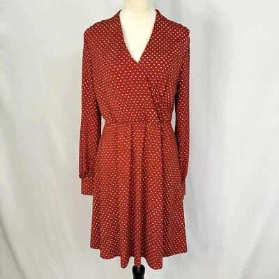 Adrianna Papell Long Sleeve Red Polka Dot V-Neck Midi Dress Medium Elastic Waist - Image 1 of 4