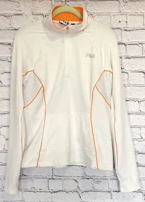 Jaqueta pulôver feminina FILA SPORT bolsos branca com acabamento laranja 1/4 zíper grande em excelente estado usado - Imagem 1 de 4