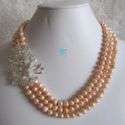 Collar de perlas de agua dulce 18-20" 6-8 mm 3 filas X2720 boda—MÁS COLORES Foto 1 de 4