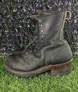 Botas Leñadoras De Colección Para Hombre Talla 8 EE Cuero Negro Puntera de Acero Vibram Hechas en EE. UU. - Imagen 1 de 20