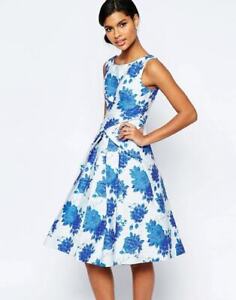 bardot PROM DRESS blue rose embossed front sash full skirt uk16 US12 bnwt