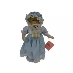 Vintage 14" Porcelain Doll Paradise Galleries Blue Eyes Dress Blonde Stand FR53 - Picture 1 of 10