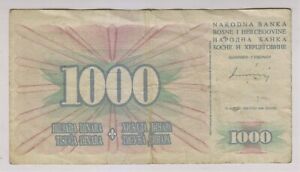 1994 Bosnia 1000 Dinara 3707248 War  Paper Money Banknotes Currency