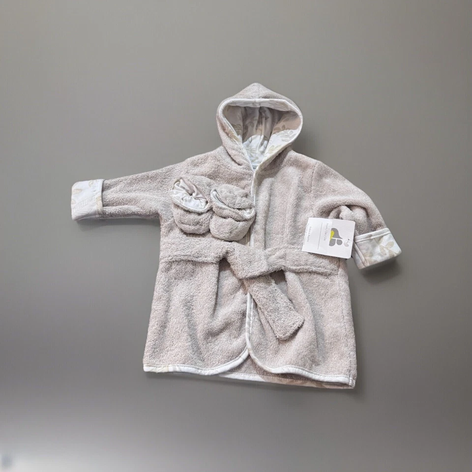 Roupão de banho Gerber Just Born bebê unissex tamanho 0-9 meses algodão cinza forrado folhas - Imagem 1 de 4