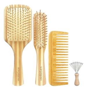 4 Piece Bamboo Hair Brush Comb Set Natural Bamboo Detangling w/ Cleaner Tool - Picture 1 of 10