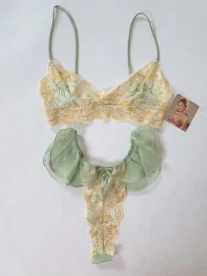 Shirley of Hollywood Size S Yellow Lace & Green Chiffon Bralette & Thong Bra Set - Image 1 of 4