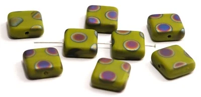 2 SMALL CZECH PRESSED GLASS SAGE GREEN SQUARE BEADS WITH PEACOCK DETAIL, 10 MM - Image 1 of 3