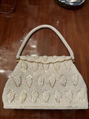 Vintage White Beaded Purse w/ Ivory lining. Handmade in Hong Kong - Image 1 of 4