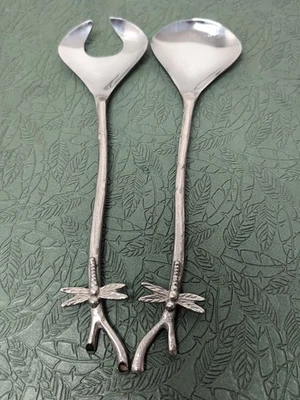 Vintage Dragonfly On Twig Branch Salad Serving Spoon Utensil Set 11" - Image 1 of 4