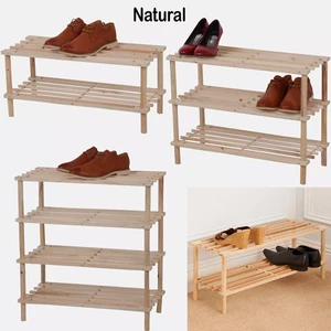 Natural Wood Shoe Rack Slatted Organizer Shelf for Entryway or Closet - Picture 1 of 34